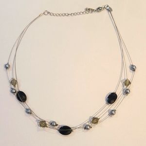 Lia Sophia Night Mist Triple Wire Necklace Pearl Crystal Beads Black Gray